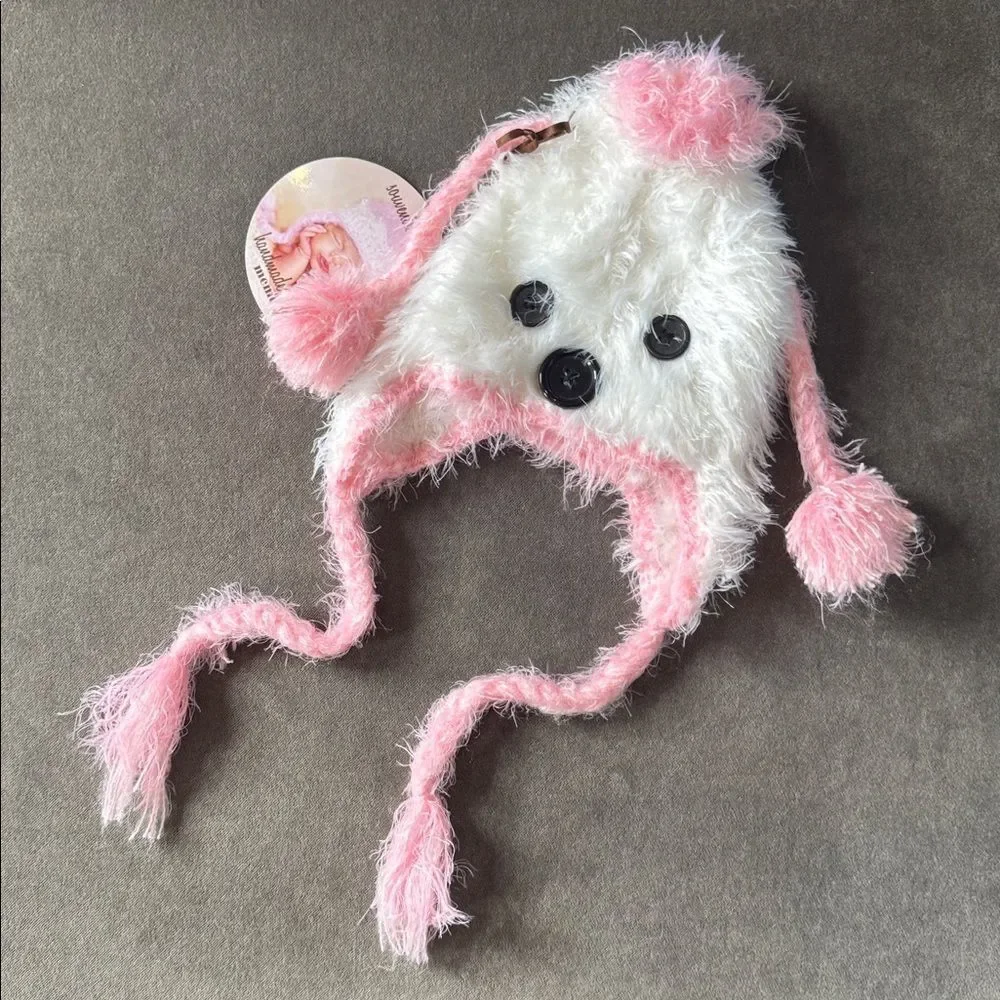 Daisy Baby Girls Infant White & Pink Feather Yarn Poodle Hat 6-12 months NEW